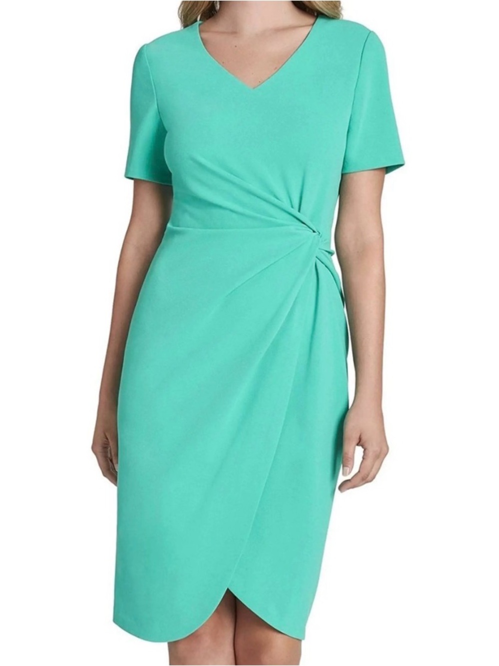 Tahari ASL Aqua Green V-Neck Twist Midi Dress